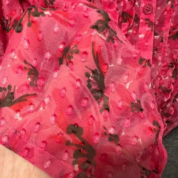 Sigrid Olsen Pink Silk Floral Sheer Ruffle Front Button Down Shirt Blouse Size L - Picture 4 of 7